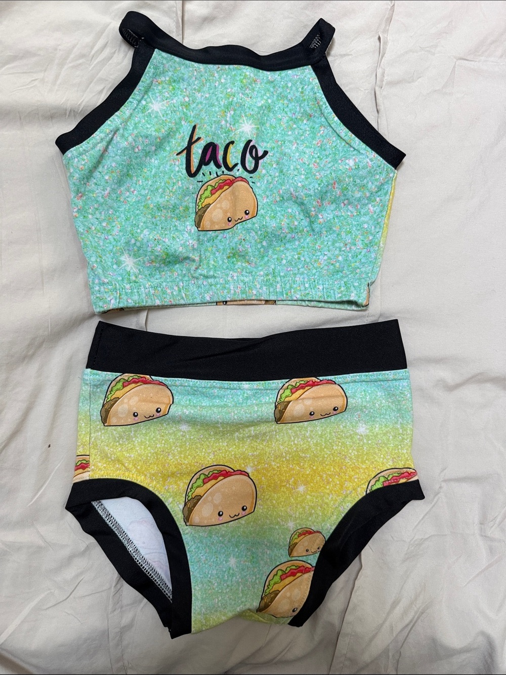 Taco Print Crop Top & High-Waist Brief Set - Mint Yellow